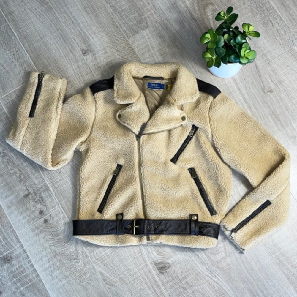 POLO RALPH LAUREN Sherpa Fleece Moto Jacket Leather Trim Women’s Size Small